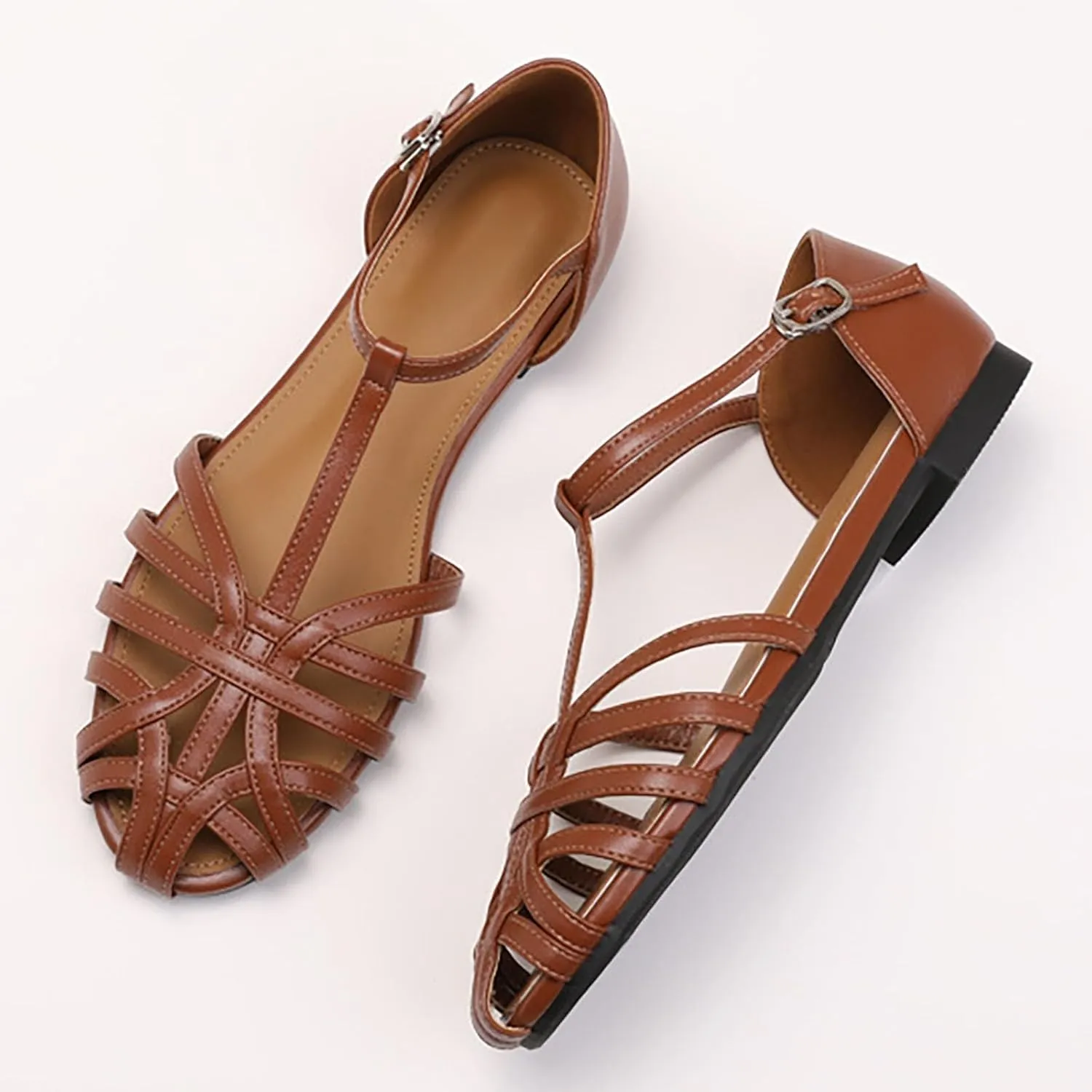 1920s Shoes for Women Low Heel T-Strap Beach Sandals Close Toe Adjustable Buckle Hollow Out Roman Sandals Wide Width Dress Shoes