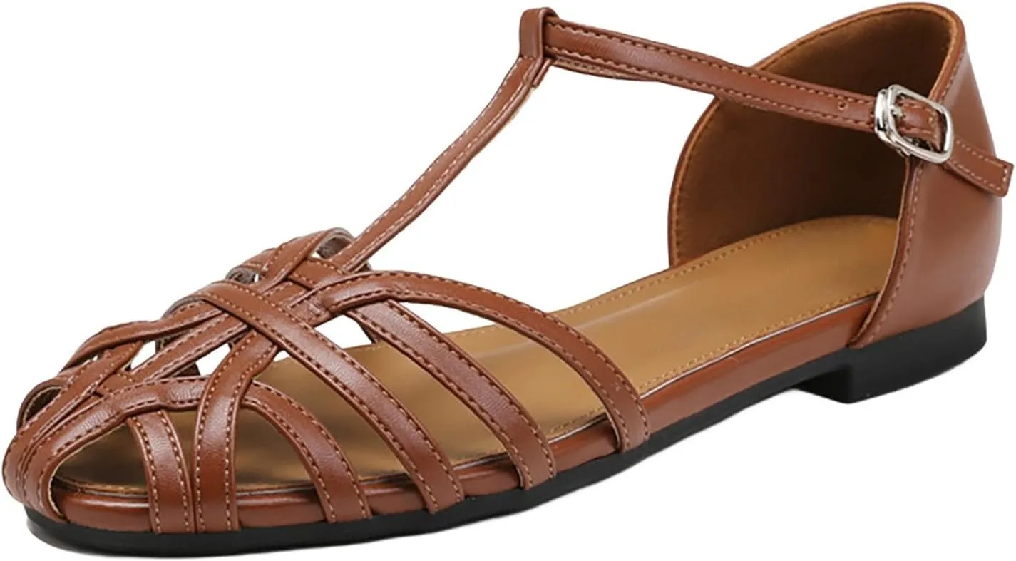 1920s Shoes for Women Low Heel T-Strap Beach Sandals Close Toe Adjustable Buckle Hollow Out Roman Sandals Wide Width Dress Shoes