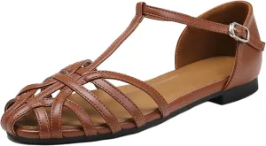 1920s Shoes for Women Low Heel T-Strap Beach Sandals Close Toe Adjustable Buckle Hollow Out Roman Sandals Wide Width Dress Shoes