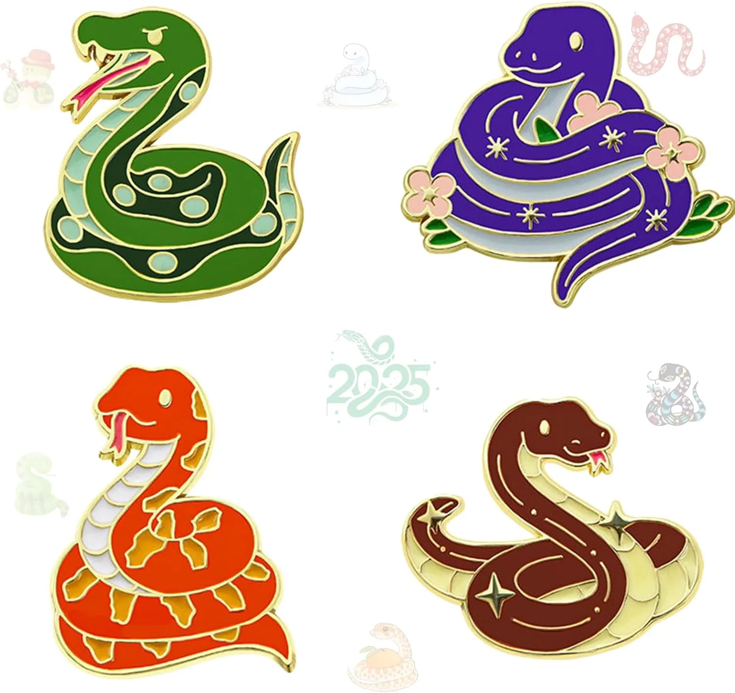 4Pcs 2025 China Limited Snake Year Cartoon Brooch, Cute Animal Enamel Pin, Alloy Lapel Pin, Flower Backpack Pin, Enamel Badge Suitable for Daily Decoration Clothes Hat Bag Collection Party Gift