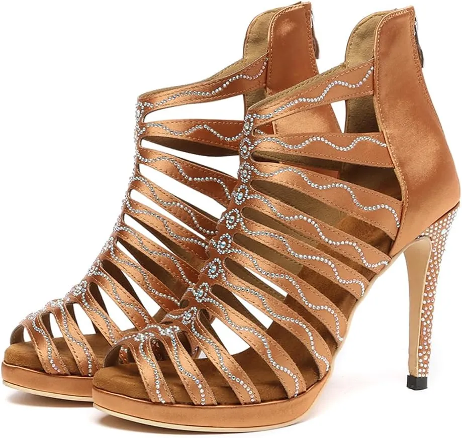 AOQUNFS Women Ballroom Dance Shoes Rhinestones Platform Salsa Practice Performance Dance Heels,Model D34