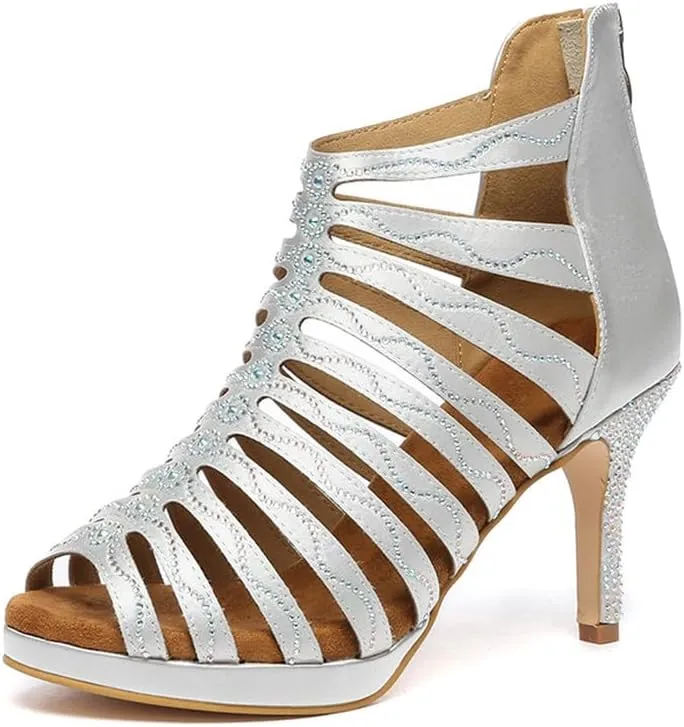 AOQUNFS Women Ballroom Dance Shoes Rhinestones Platform Salsa Practice Performance Dance Heels,Model D34