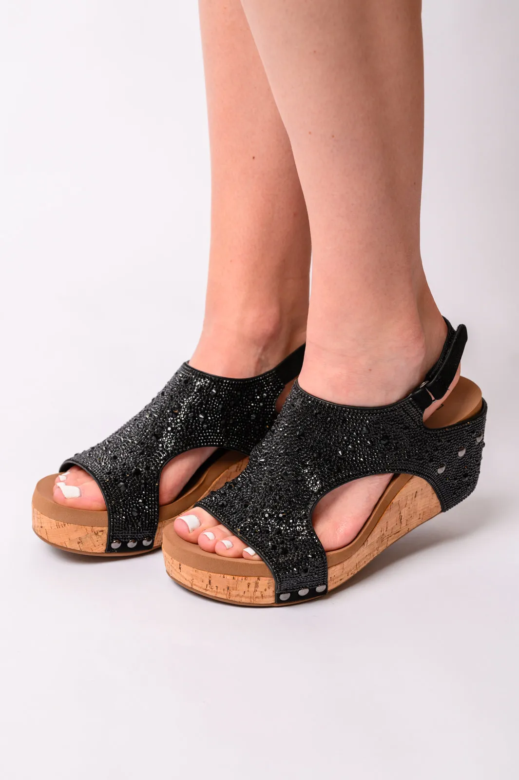 Ashley Wedge Sandals in Black Rhinestone - CORKY'S