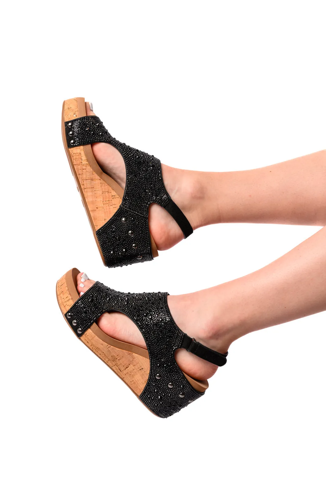 Ashley Wedge Sandals in Black Rhinestone - CORKY'S