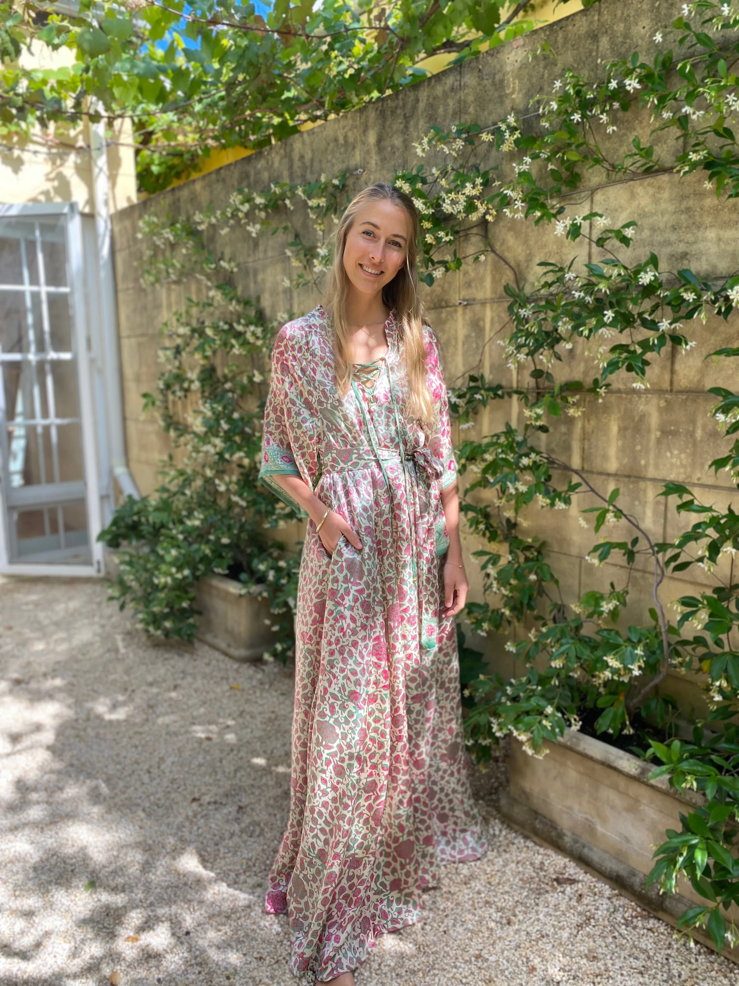 Azrou Silk Dress - Morning Light - short sleeve.
