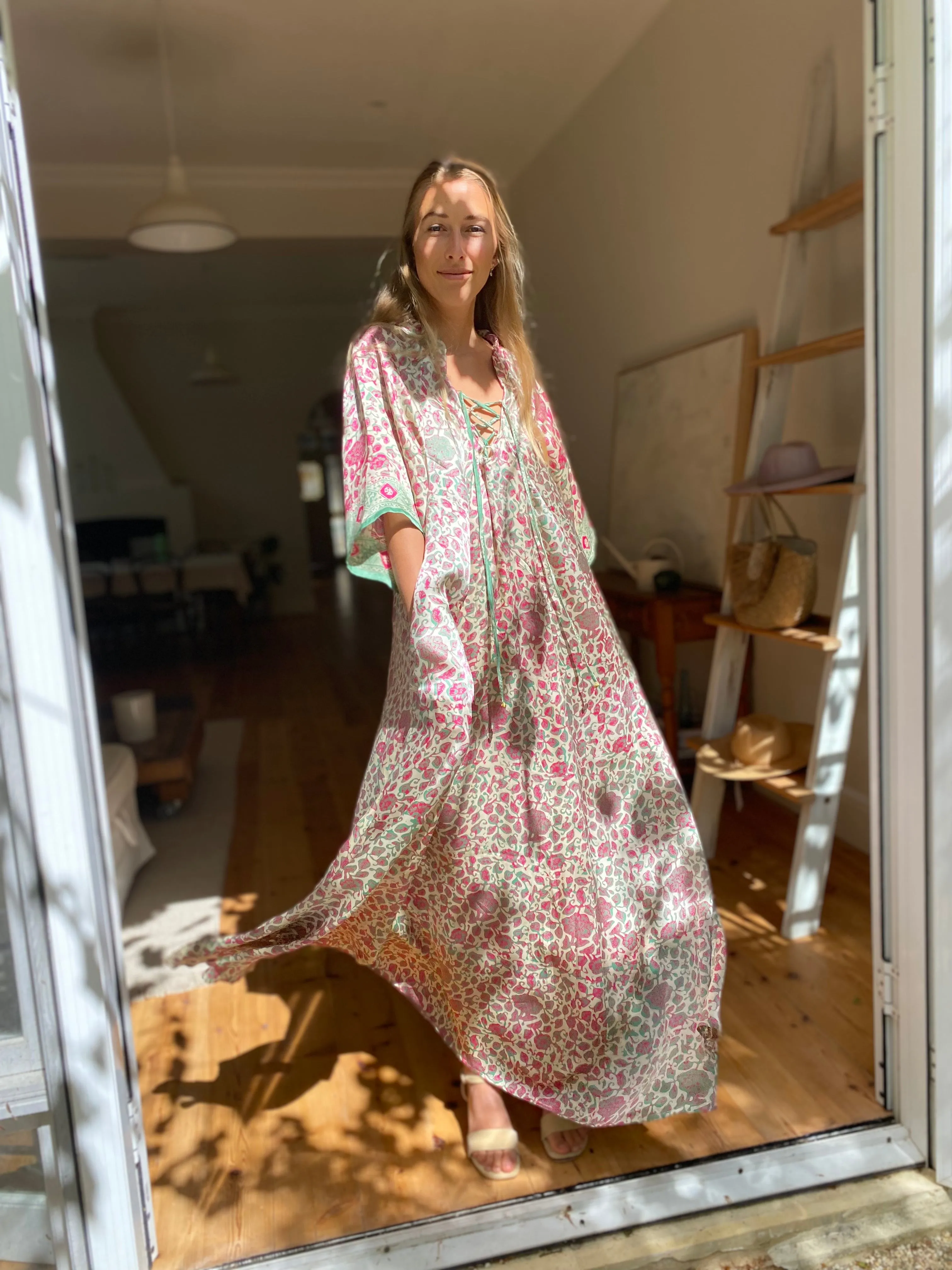 Azrou Silk Dress - Morning Light - short sleeve.