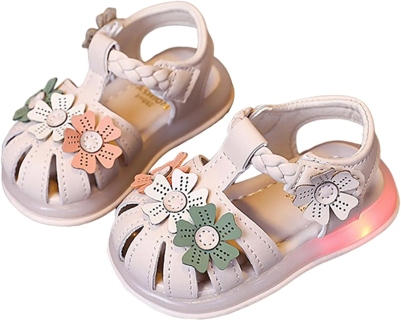 Baby Girls Light Up Sandals Infant Flower Closed Toe Soft Sole Princess Dress Flats Toddler First Walkers Crib Dress Shoes