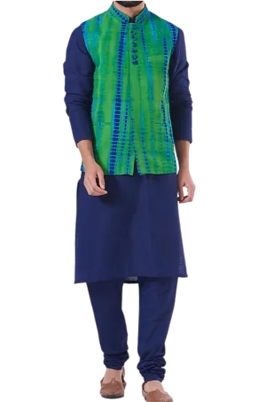 Blue Kurta Set with Tie-dye Nehru Jacket