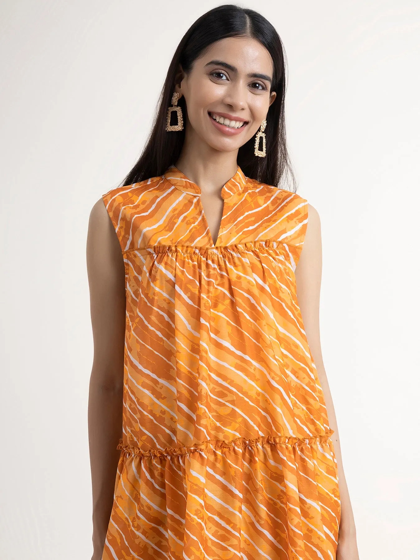 Chanderi Leheriya Tiered Dress - Mustard