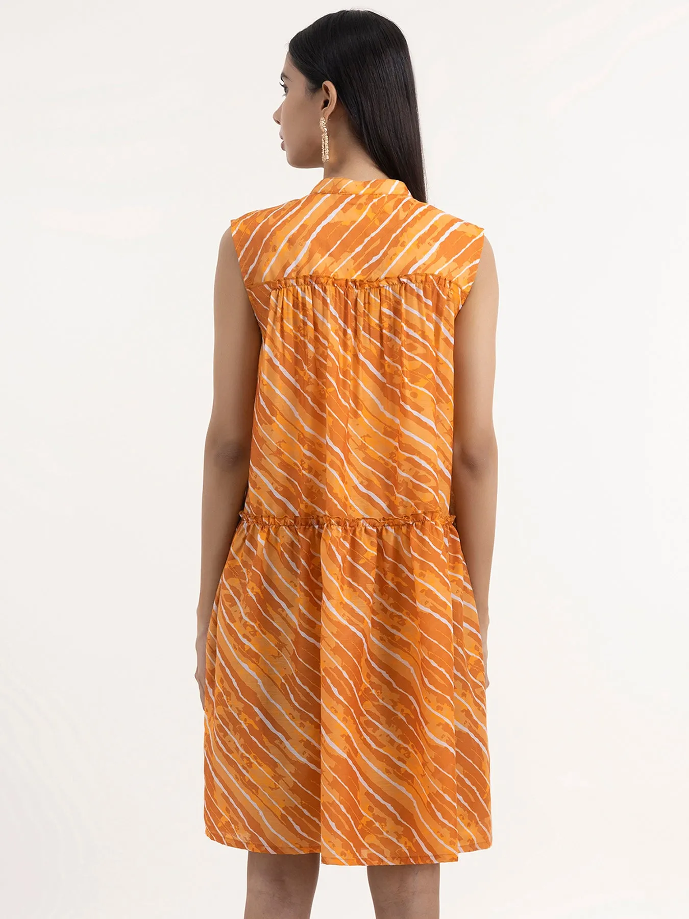 Chanderi Leheriya Tiered Dress - Mustard
