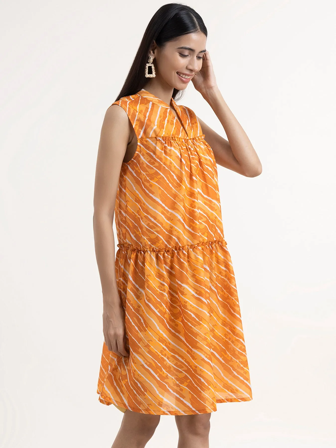 Chanderi Leheriya Tiered Dress - Mustard