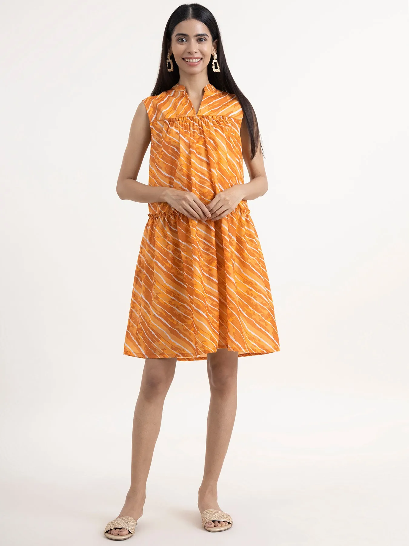 Chanderi Leheriya Tiered Dress - Mustard