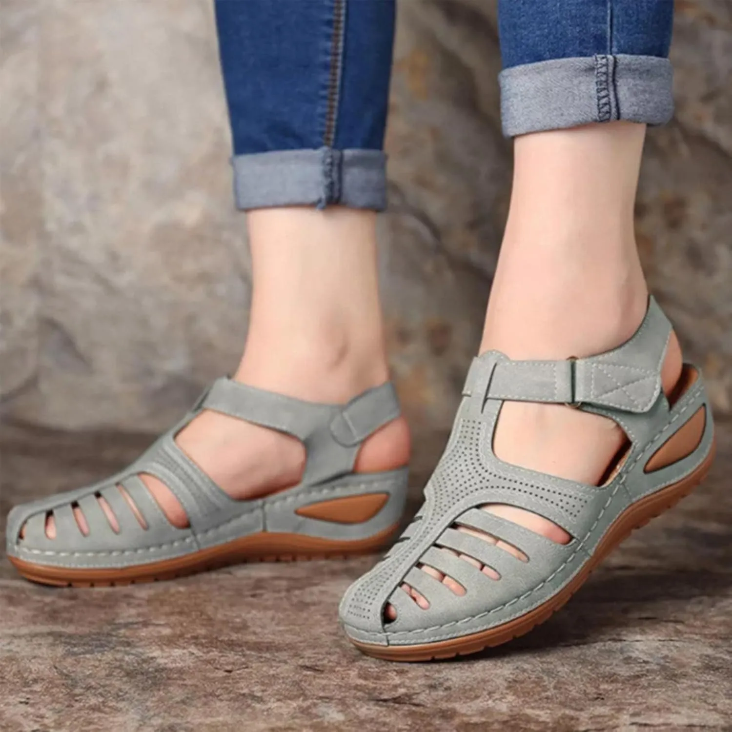 Closed Toe Sandals Women Orthopedic Dressy Summer Wedge Sandals Hollow Out Platform Gladiator Buckle Strap Beach Shoes