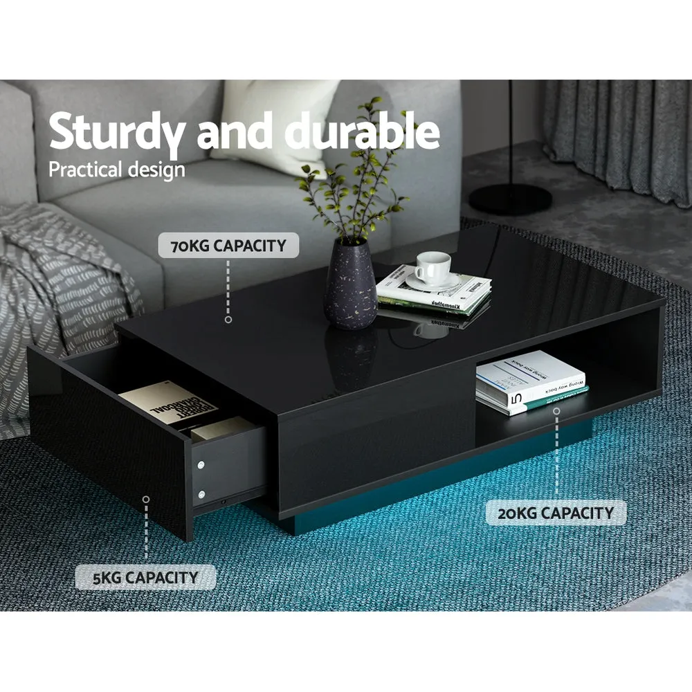 Coffee Table with LED Lights High Gloss Storage Drawer Modern Furniture - Black