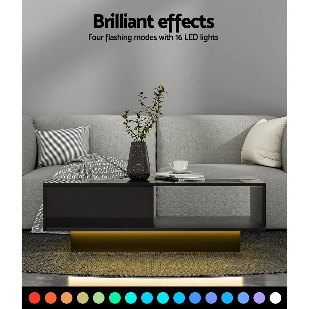 Coffee Table with LED Lights High Gloss Storage Drawer Modern Furniture - Black