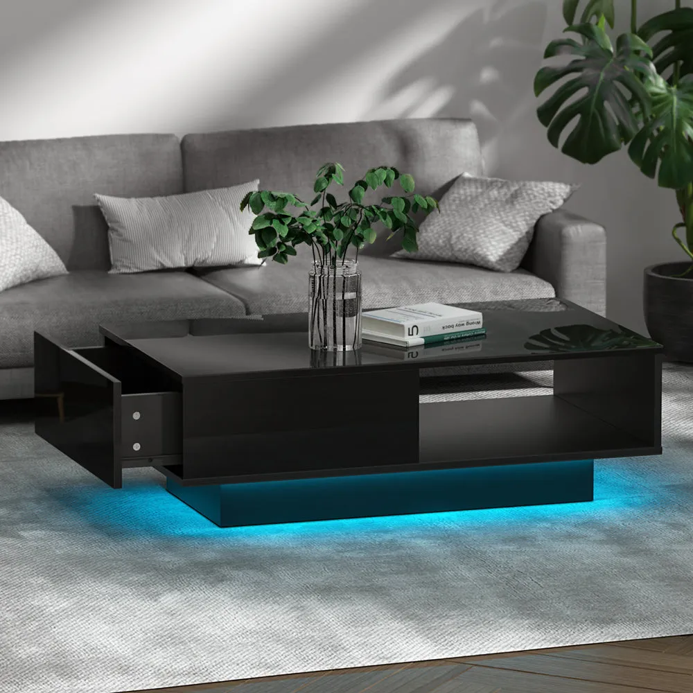 Coffee Table with LED Lights High Gloss Storage Drawer Modern Furniture - Black