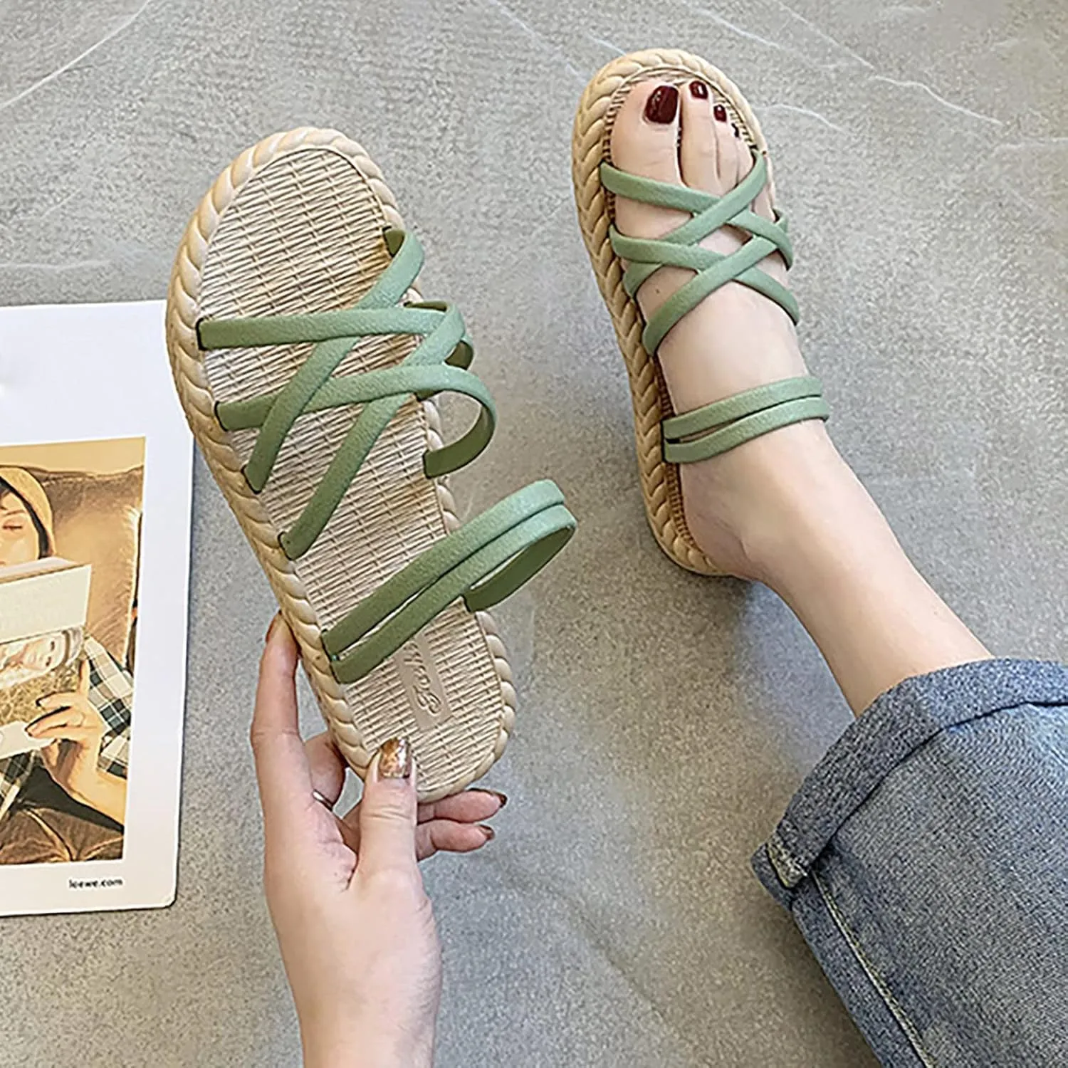 Cross Straps Sandals for Women Flats Casual Summer Open Toe Hollow Out Slip-on Slipper Solid Lightweight Comfy Outdoor Non-Slip Shoes Slides