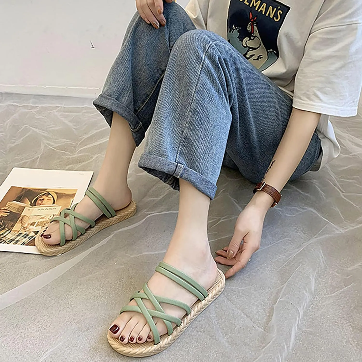 Cross Straps Sandals for Women Flats Casual Summer Open Toe Hollow Out Slip-on Slipper Solid Lightweight Comfy Outdoor Non-Slip Shoes Slides