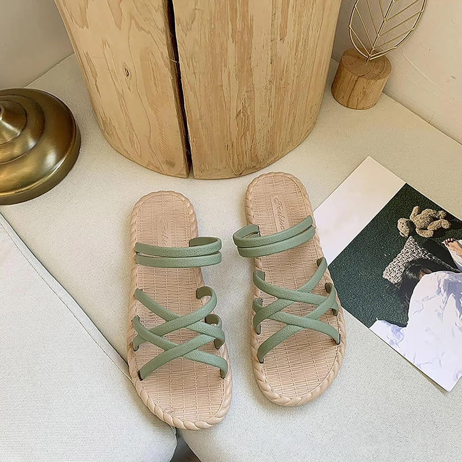 Cross Straps Sandals for Women Flats Casual Summer Open Toe Hollow Out Slip-on Slipper Solid Lightweight Comfy Outdoor Non-Slip Shoes Slides