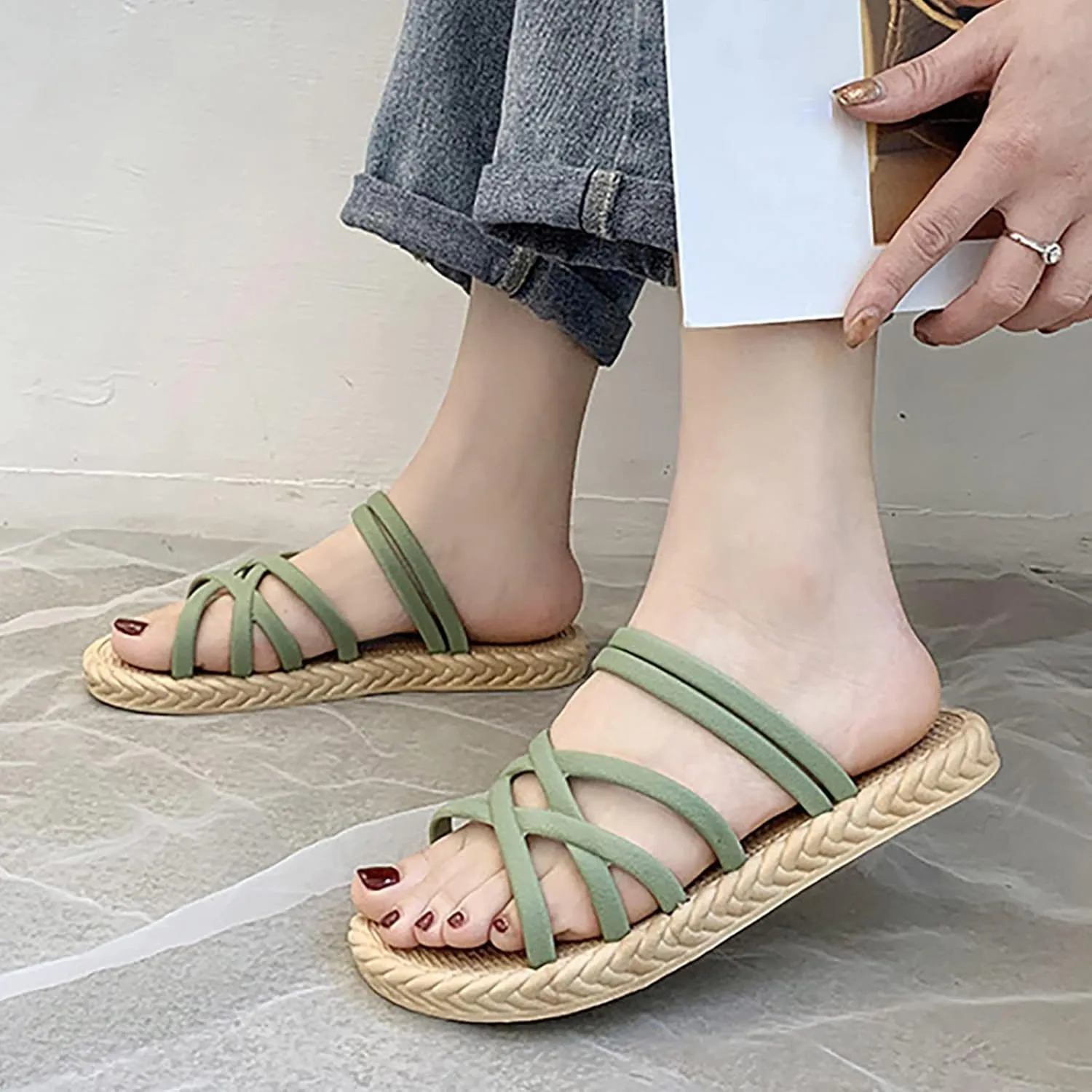 Cross Straps Sandals for Women Flats Casual Summer Open Toe Hollow Out Slip-on Slipper Solid Lightweight Comfy Outdoor Non-Slip Shoes Slides