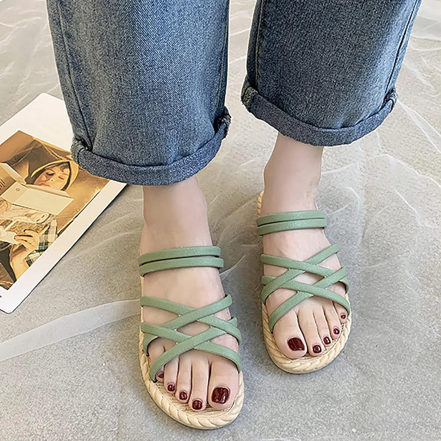 Cross Straps Sandals for Women Flats Casual Summer Open Toe Hollow Out Slip-on Slipper Solid Lightweight Comfy Outdoor Non-Slip Shoes Slides