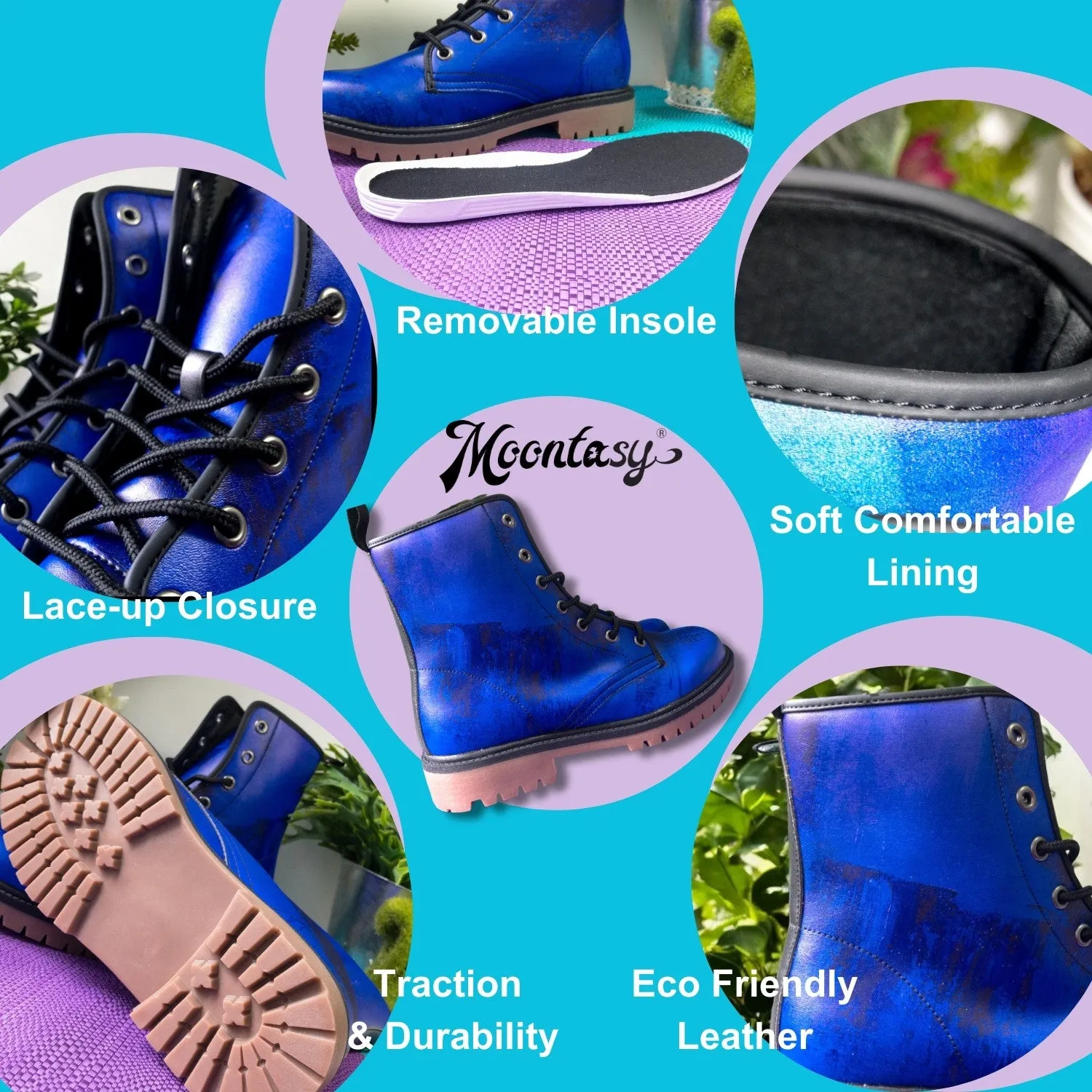 Dreamy Blue Nebula Combat Boots | Vegan & Waterproof| Abstract Watercolor| Night Sky Brushstroke Boots | Durable Design| Eco-Friendly