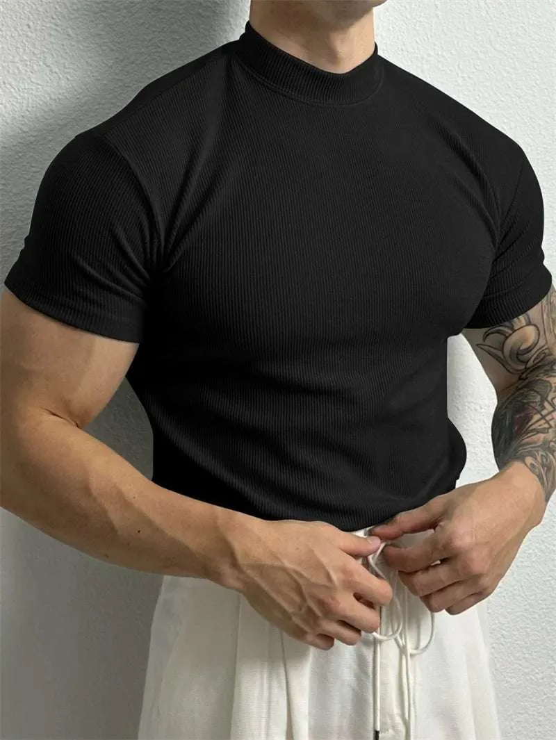 Fashion Small High Collar Stripe Shirt Short Sleeve Fitness Leisure Sport Tee