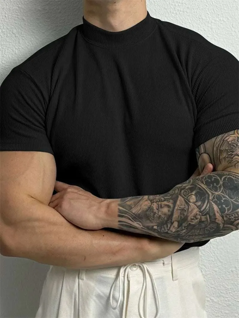 Fashion Small High Collar Stripe Shirt Short Sleeve Fitness Leisure Sport Tee