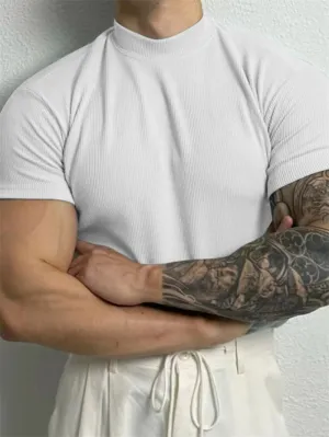 Fashion Small High Collar Stripe Shirt Short Sleeve Fitness Leisure Sport Tee