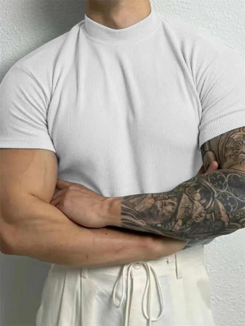 Fashion Small High Collar Stripe Shirt Short Sleeve Fitness Leisure Sport Tee