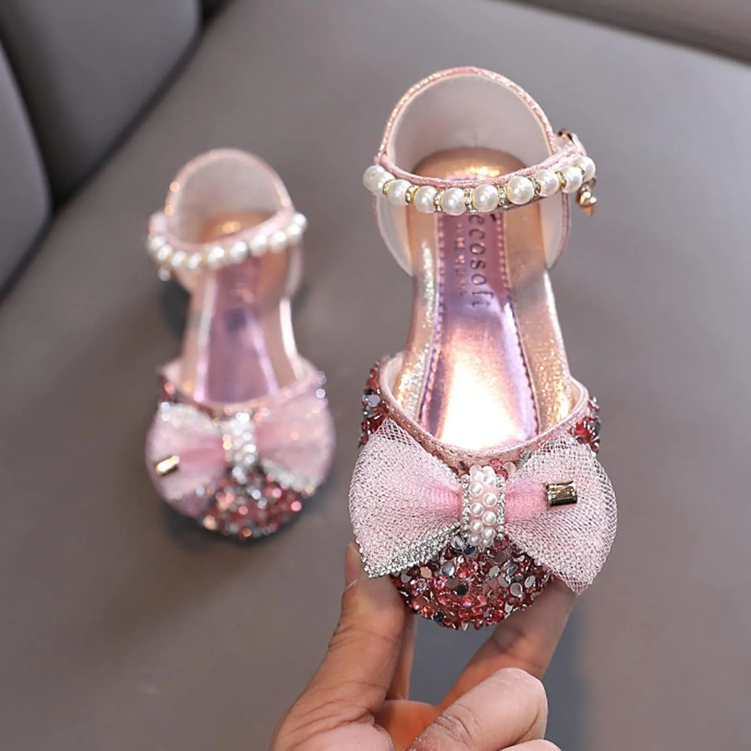 Girls Bow Sequins Princess Sandals High Heels Pearl Closed Toe Ankle Shoes Toddler Kids Summer Outdoor Dress Loafers