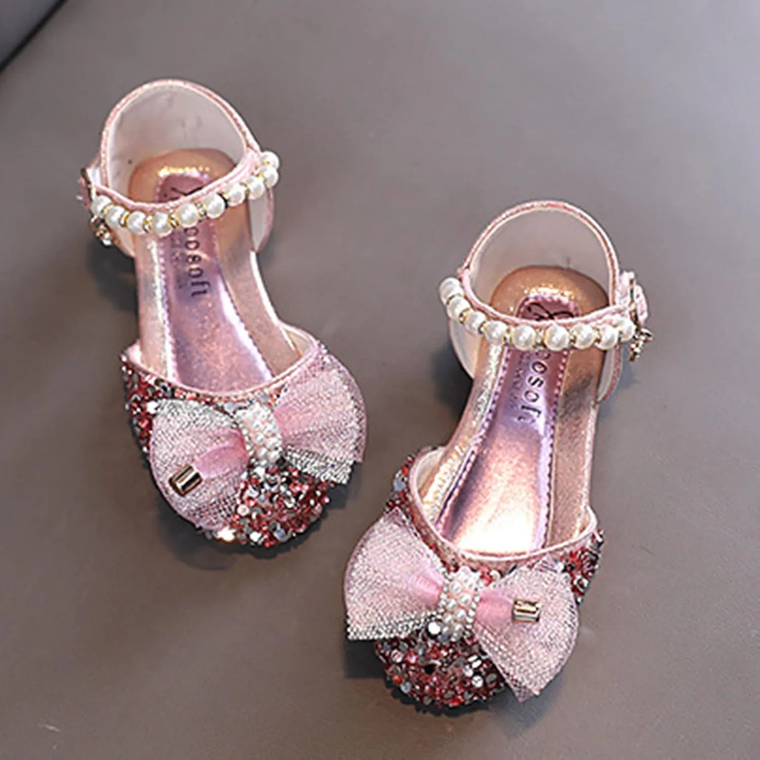 Girls Bow Sequins Princess Sandals High Heels Pearl Closed Toe Ankle Shoes Toddler Kids Summer Outdoor Dress Loafers