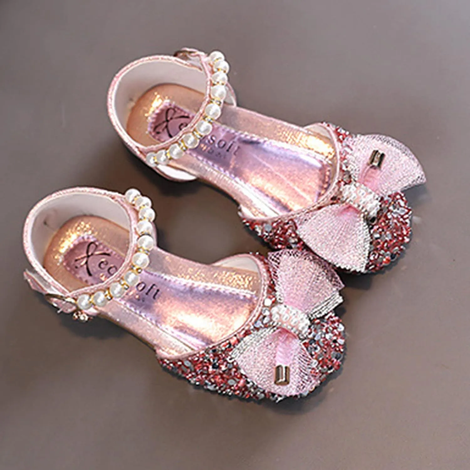 Girls Bow Sequins Princess Sandals High Heels Pearl Closed Toe Ankle Shoes Toddler Kids Summer Outdoor Dress Loafers