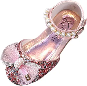Girls Bow Sequins Princess Sandals High Heels Pearl Closed Toe Ankle Shoes Toddler Kids Summer Outdoor Dress Loafers
