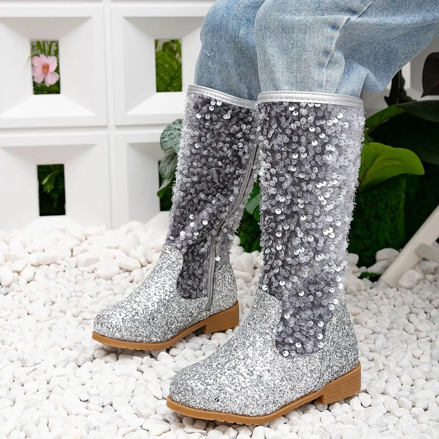 Girls Cowgirl Boots Mid Calf Square Toe Western Boot for Kids Sparkly Glitter Cowboy Boots Toddler Girls Party Shoes