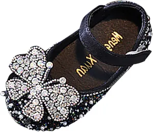 Girl's Mary Jane Bow Elastic Strap Ballerina Flat Flower Bridesmaids Heels Glitter Shoes Baptism Dress Shoes