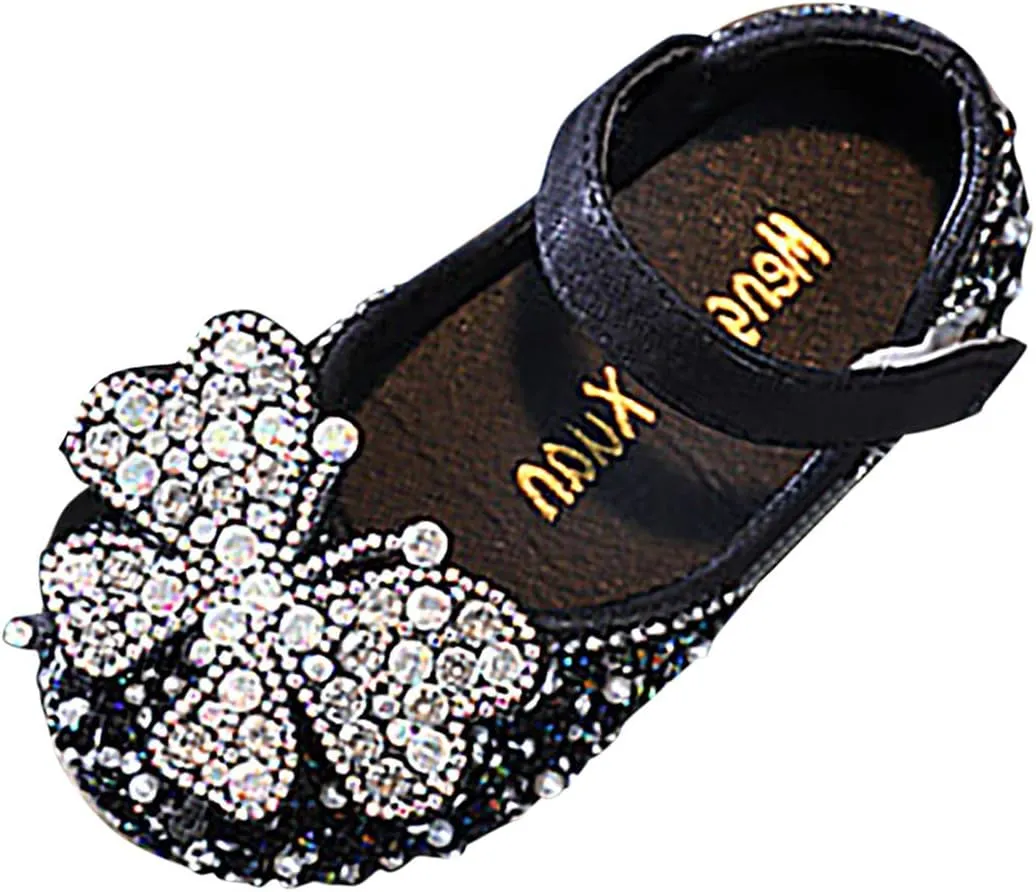 Girl's Mary Jane Bow Elastic Strap Ballerina Flat Flower Bridesmaids Heels Glitter Shoes Baptism Dress Shoes