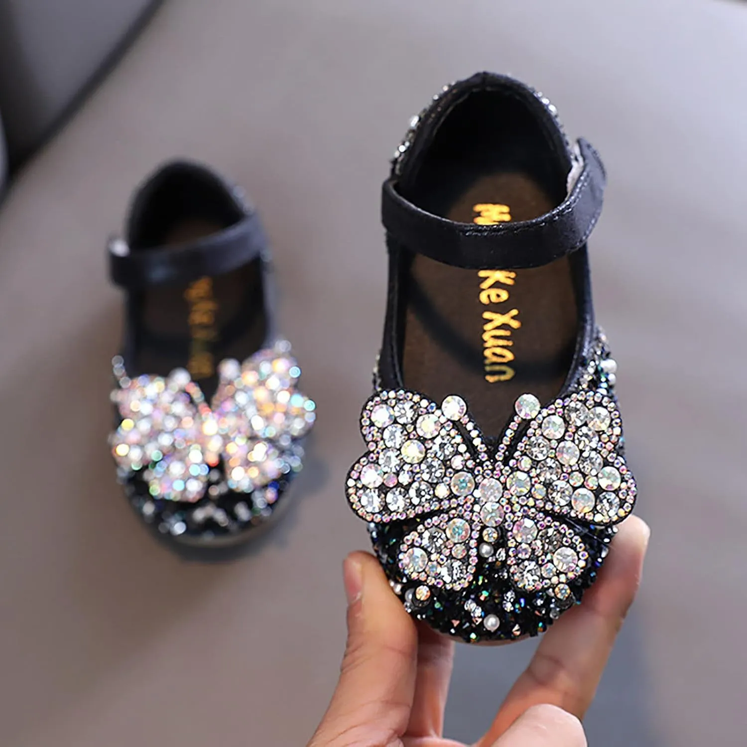 Girl's Mary Jane Bow Elastic Strap Ballerina Flat Flower Bridesmaids Heels Glitter Shoes Baptism Dress Shoes