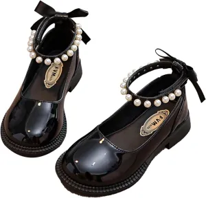 Girls Mary Jane Shoes Pearl Bow Dress Shoes Wedding Part Flat Square Toe Ankle Strap Lw Heel Sandal