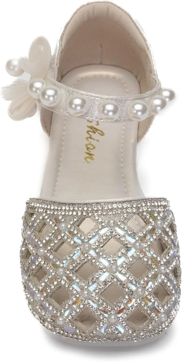 Girls Princess Dress Shoes with Pearls and Glitter  Flat Party Shoes for Toddlers & Little Kids  Sparkly Closed-Toe Mary Janes for Wedding or Birthday