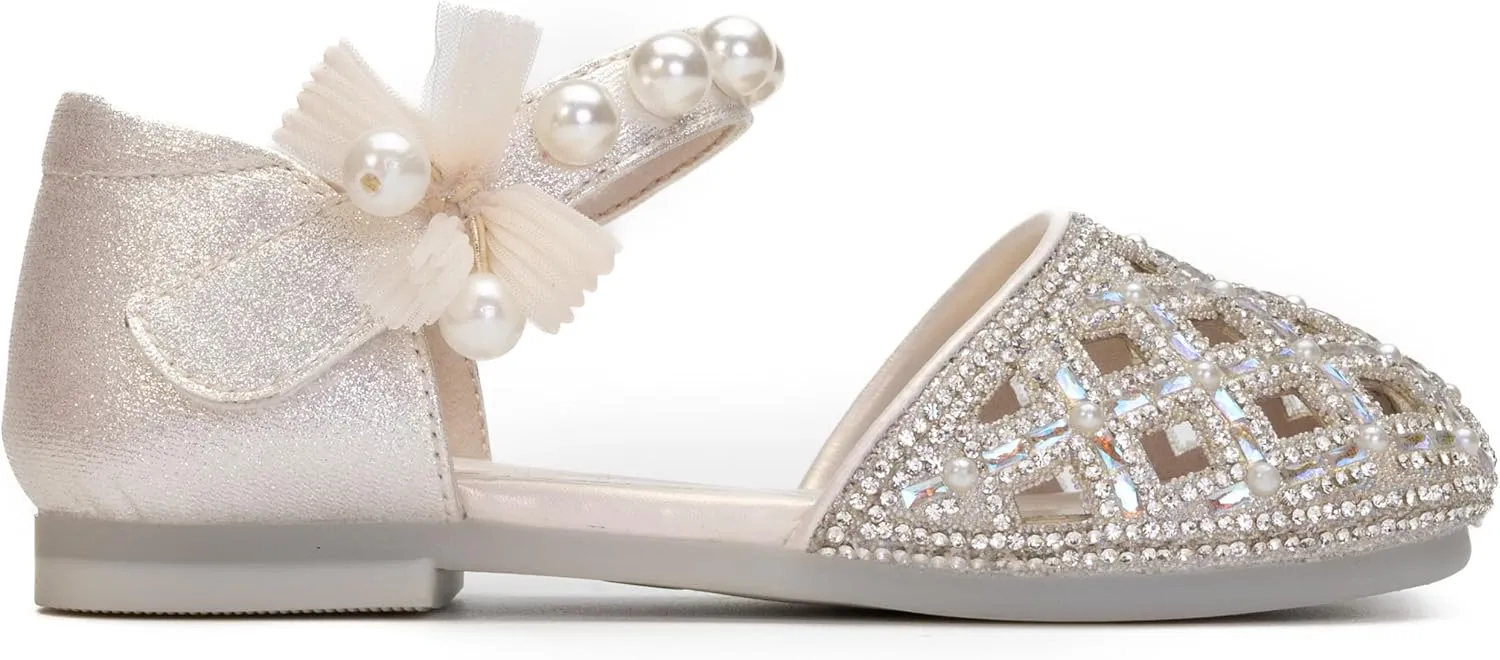 Girls Princess Dress Shoes with Pearls and Glitter  Flat Party Shoes for Toddlers & Little Kids  Sparkly Closed-Toe Mary Janes for Wedding or Birthday