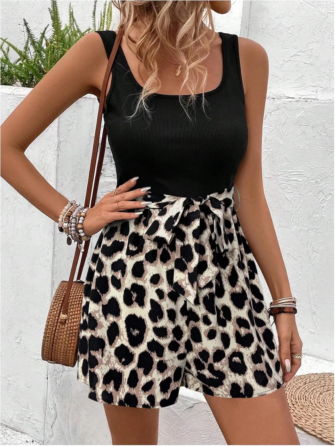 GORGLITTER Women's Leopard Print Romper Round Neck Sleeveless Summer Short Jumpsuits