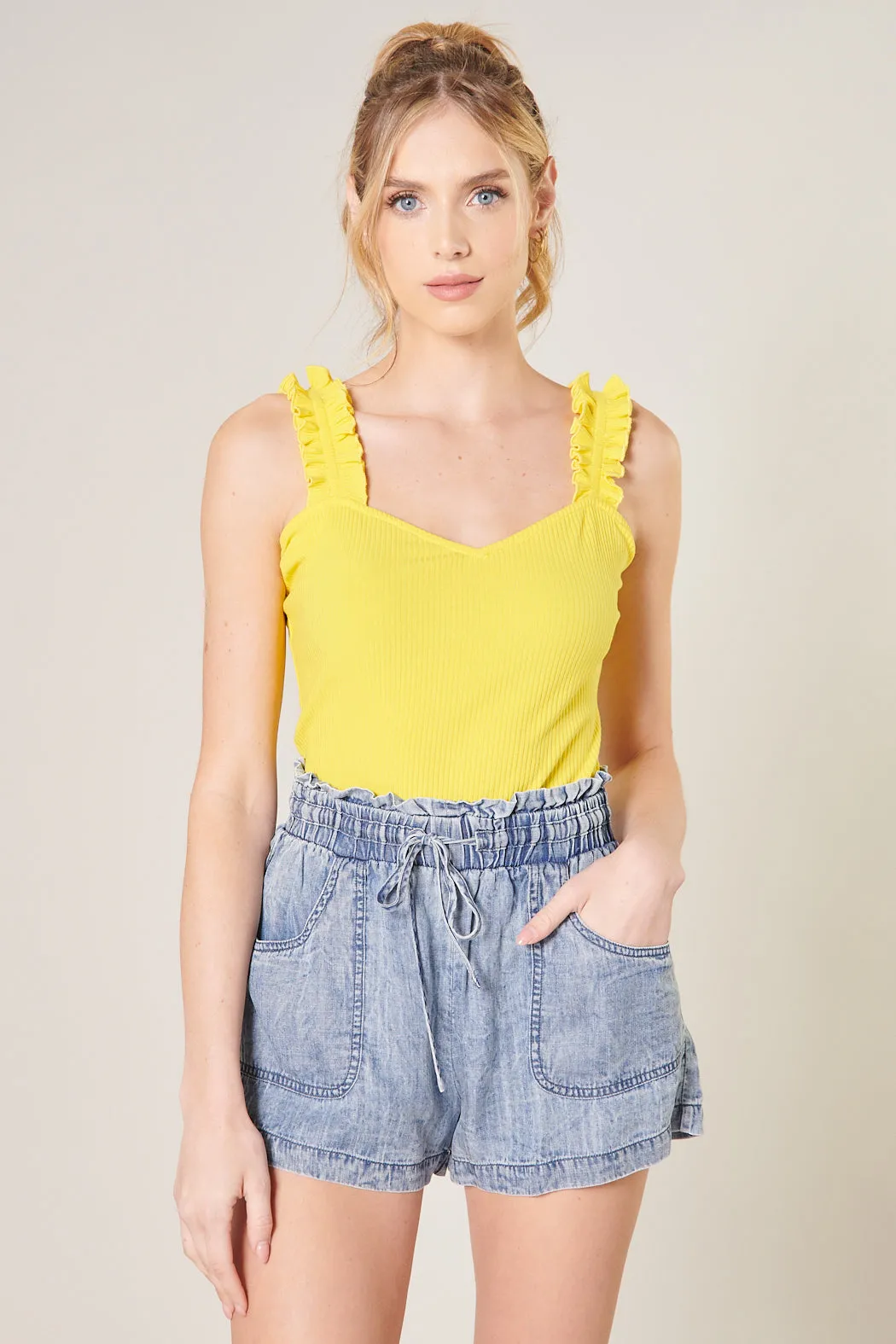 High Roller Ruffle Strap Ribbed Knit Tank