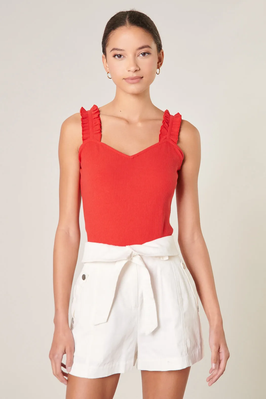 High Roller Ruffle Strap Ribbed Knit Tank