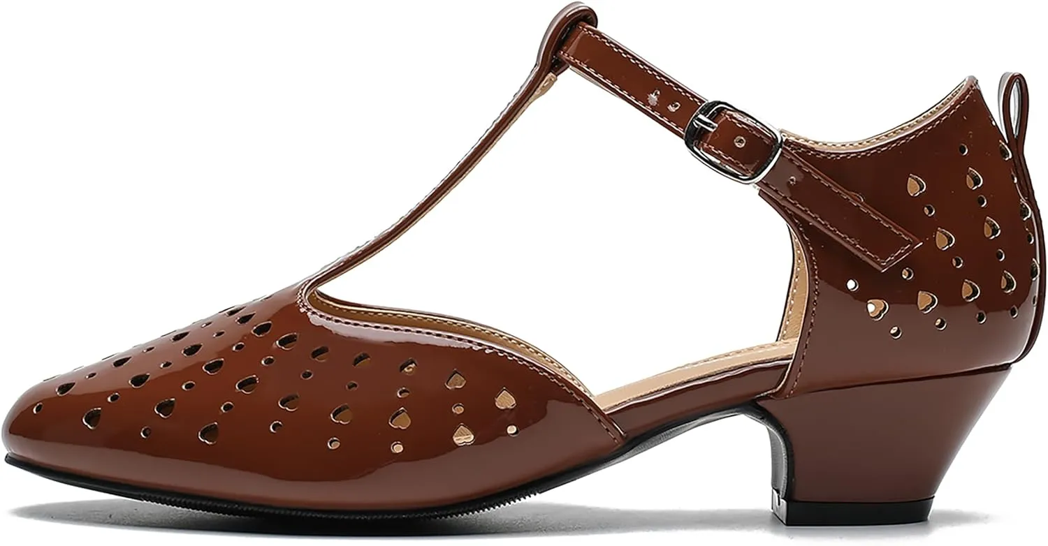 MAIERNISI JESSI Women's T-Strap Hollow Out Low Chunky Heel Mary Jane Closed Toe Pumps Summer Dress Shoes