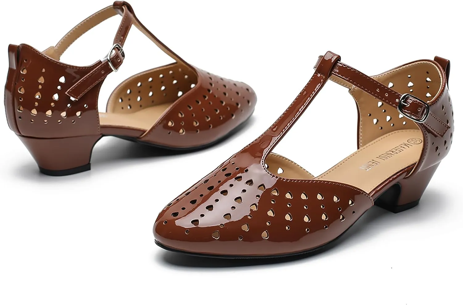 MAIERNISI JESSI Women's T-Strap Hollow Out Low Chunky Heel Mary Jane Closed Toe Pumps Summer Dress Shoes