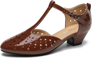 MAIERNISI JESSI Women's T-Strap Hollow Out Low Chunky Heel Mary Jane Closed Toe Pumps Summer Dress Shoes