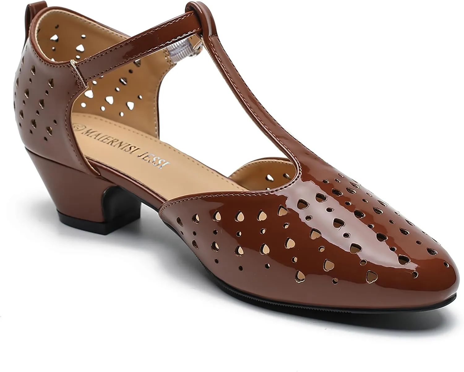 MAIERNISI JESSI Women's T-Strap Hollow Out Low Chunky Heel Mary Jane Closed Toe Pumps Summer Dress Shoes