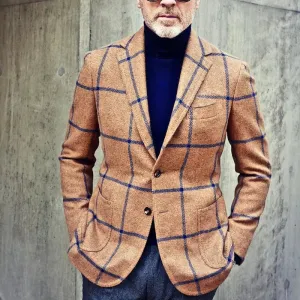 Mens Blazer  Tailored Fit  Windowpane Check  Single-Breasted  Notch Lapel  Patch Pockets