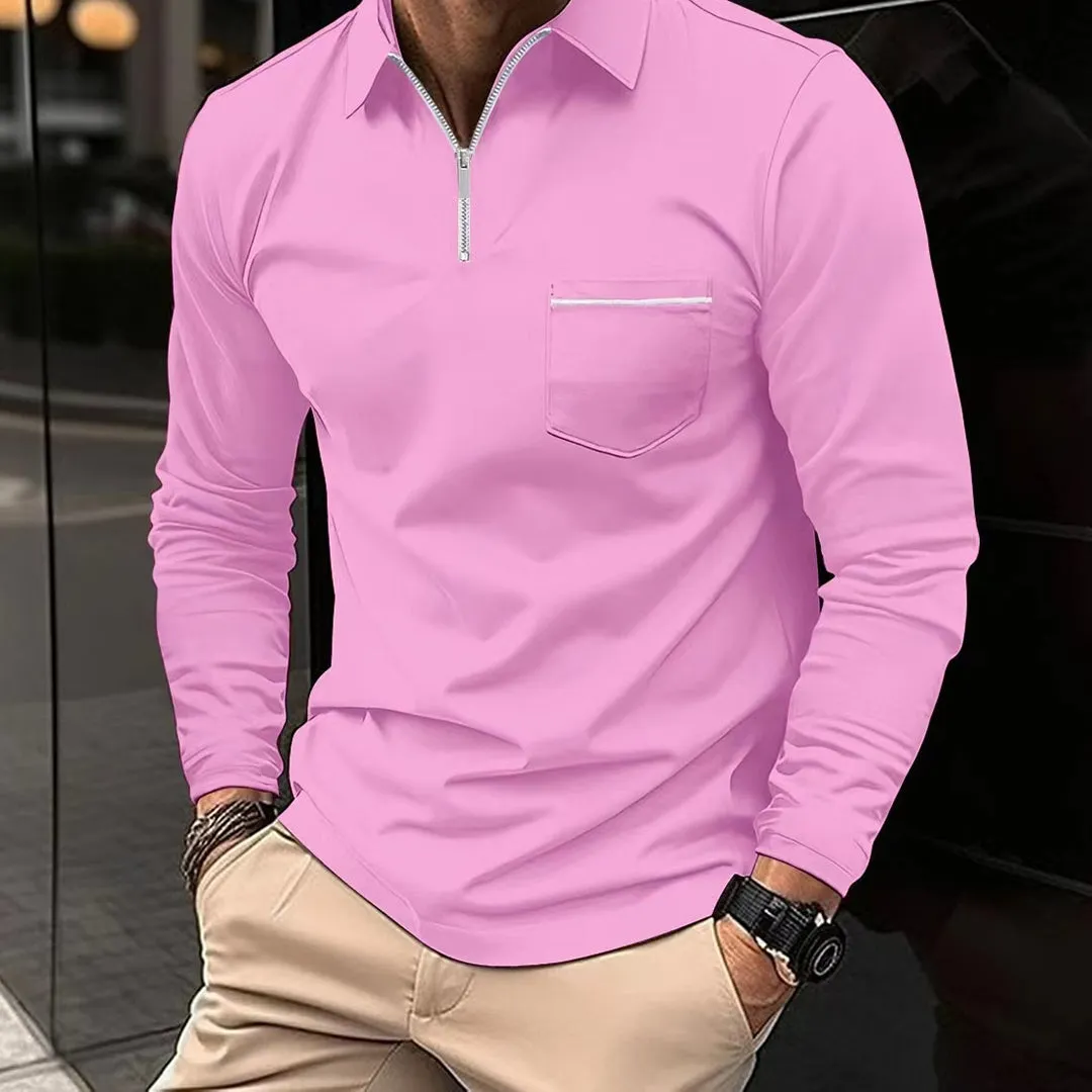 Mens Long-Sleeve Shirt - Slim Fit Zip Collar - Chest Pocket - Casual & Sporty
